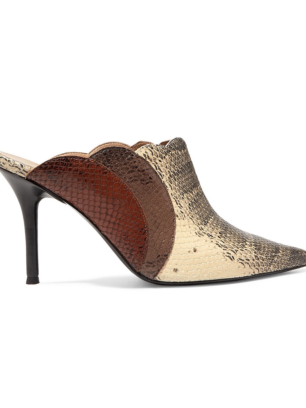 Chloe Lauren Cream and Brown Snakeskin Mule with Scallop Details Size 37